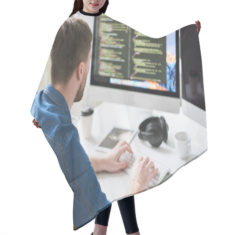 Personality  Back View Portrait Of Contemporary Web Developer Writing Code For Program Sitting At Desk And Working On Startup Project In Modern Office, Copy Space Hair Cutting Cape