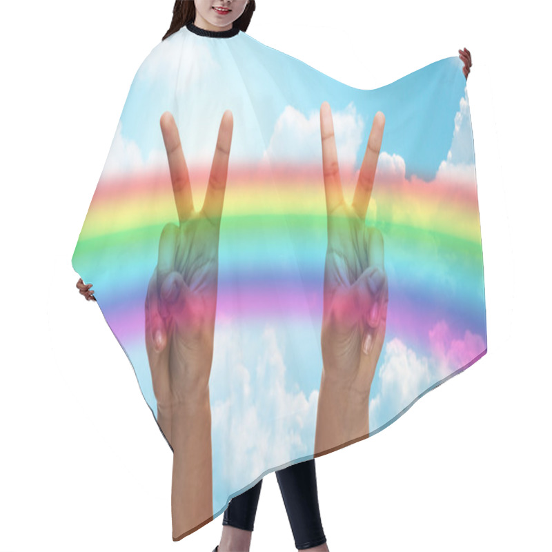 Personality  Hands Showing Peace Sign Over Rainbow In Sky Hair Cutting Cape