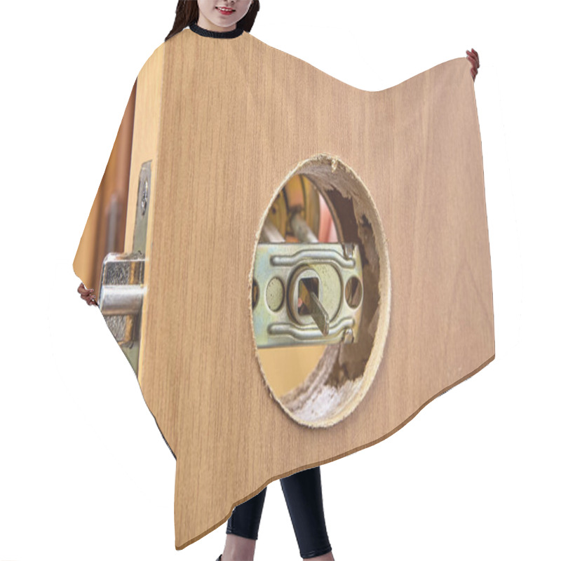 Personality  The Carpenter Secures The First Half Of The Doorknob In Through The Latch. Hair Cutting Cape