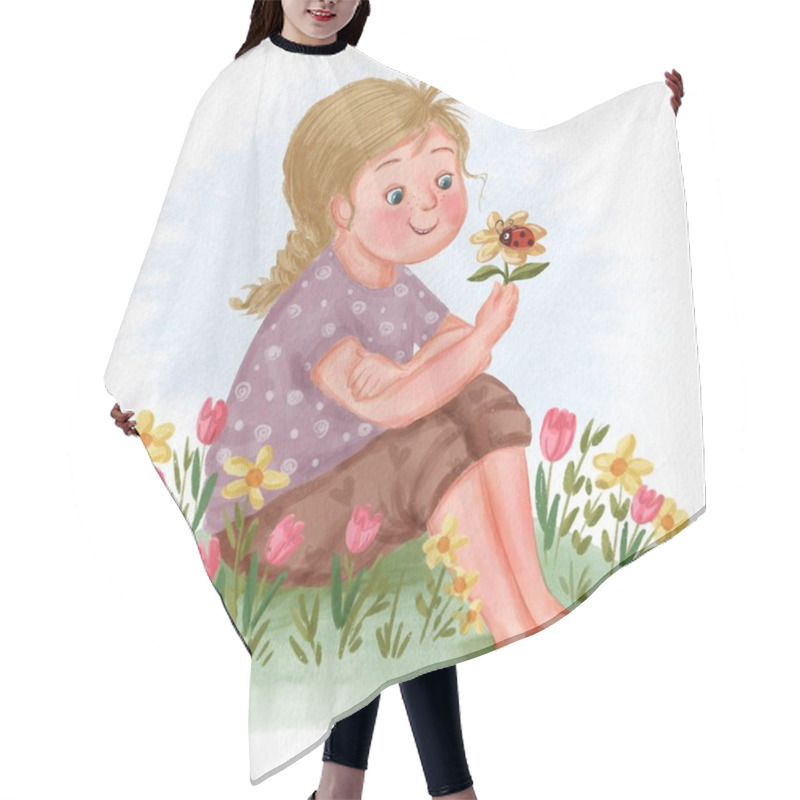 Personality  Cute Girl Sitting Flowers And Ladybug Hair Cutting Cape