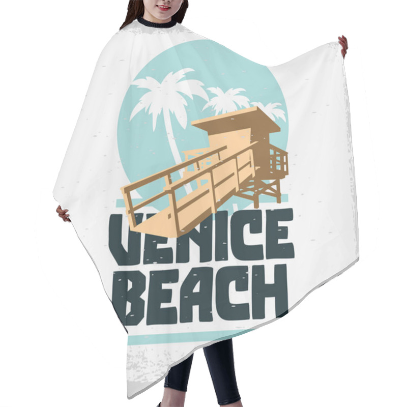 Personality  Venice Beach Los Angeles California Lifeguard Tower Station Beach Rescue Palm Trees Logo Sign Label Design For Promotion Ads T Shirts Sticker Poster Flyer Vector Graphic Hair Cutting Cape