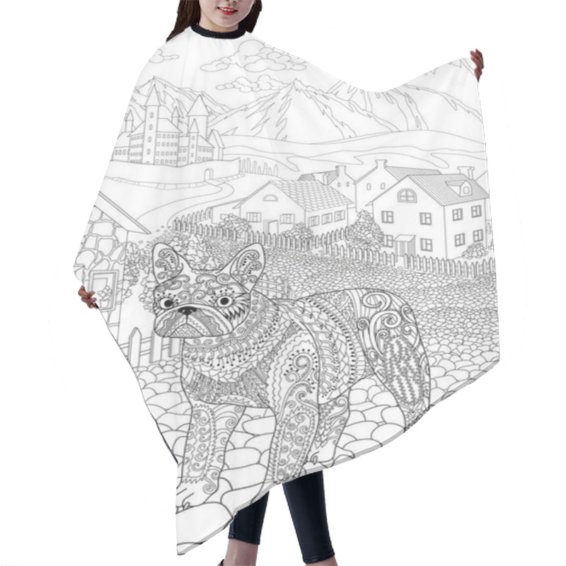 Personality  Coloring Book For Adults With Cute Bulldog Standing In Front Of A Cute Village And A Beautiful Castle In The Background Hair Cutting Cape