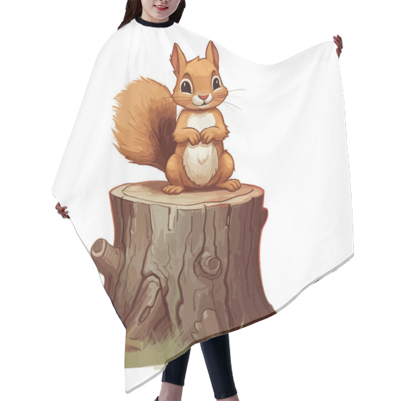 Personality  Cartoon Funny Squirrel Holding Pine Cone On Tree Stump. Hair Cutting Cape