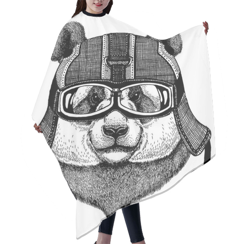 Personality  Panda, Bamboo Bear Hipster Animal Wearing Motorycle Helmet. Image For Kindergarten Children Clothing, Kids. T-shirt, Tattoo, Emblem, Badge, Logo, Patch Hair Cutting Cape