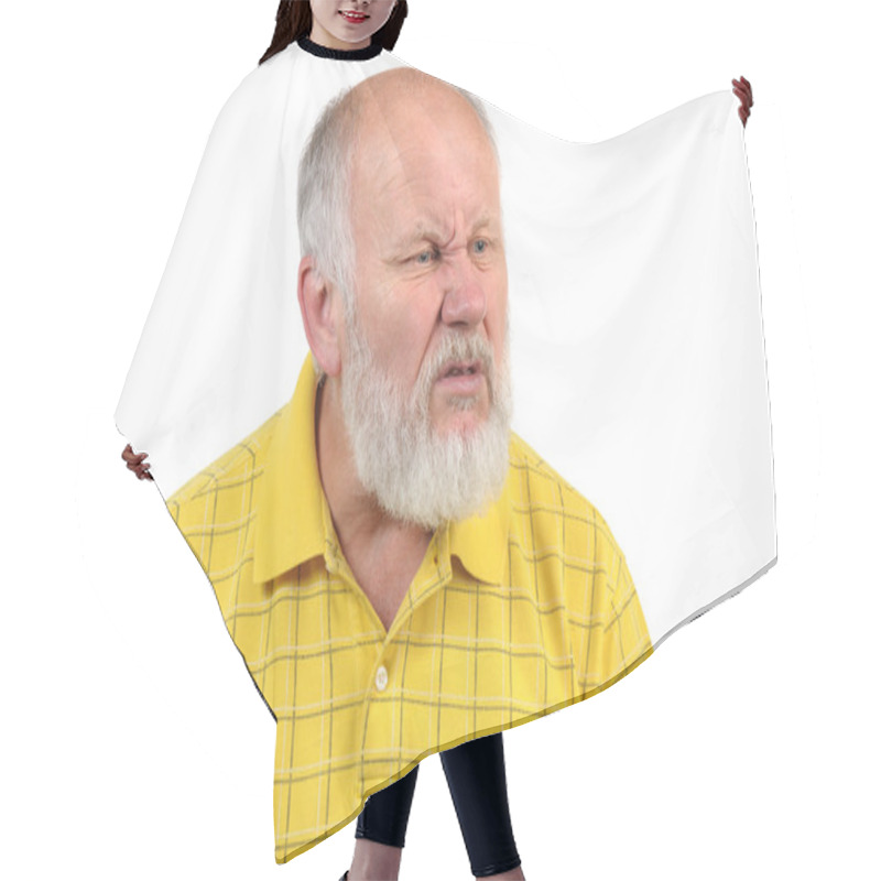 Personality  Disgusted Senior Bald Man Hair Cutting Cape