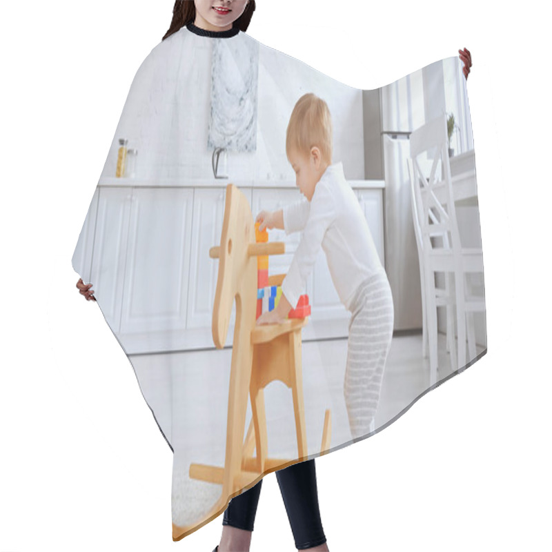 Personality  Adorable Toddler Child Playing With Plastic Building Blocks On Rocking Horse In Spacious Apartment Hair Cutting Cape