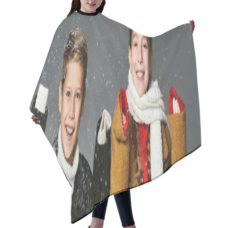 Personality  Two Happy Kids In Warm Clothes Enjoy The Snowfall Around Them. Hair Cutting Cape