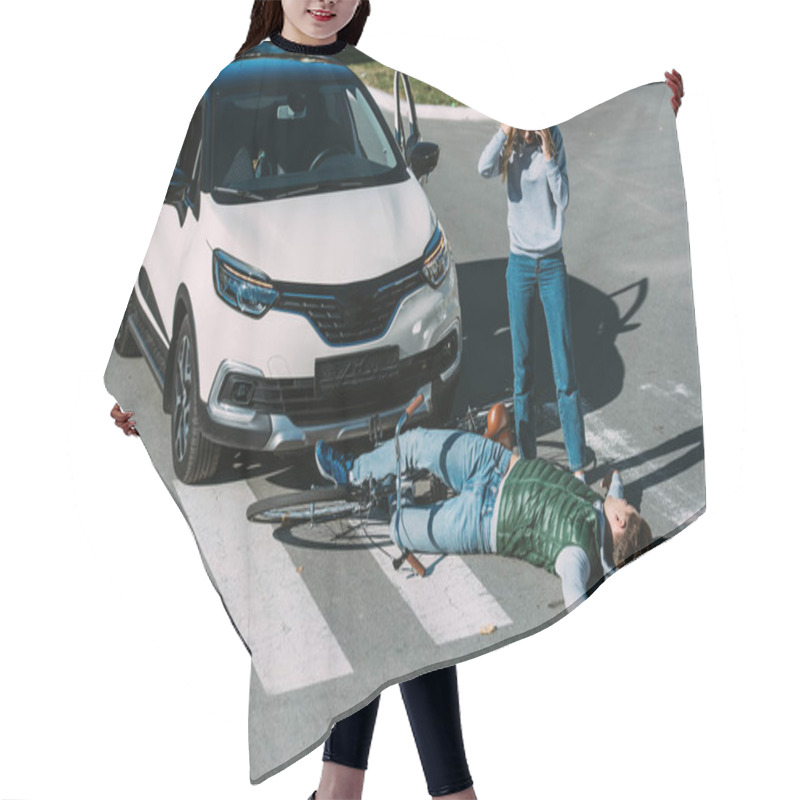 Personality  High Angle View Of Woman Standing Near Injured Cyclist After Car Accident Hair Cutting Cape