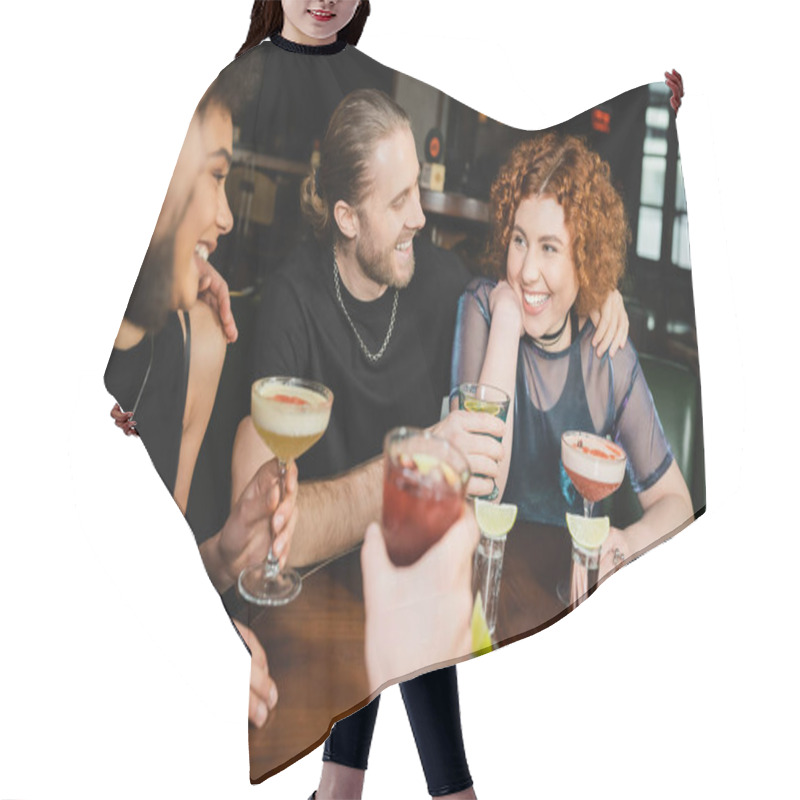 Personality  Smiling Multiethnic Friends Hugging And Holding Cocktails Near Tequila Shots In Bar  Hair Cutting Cape