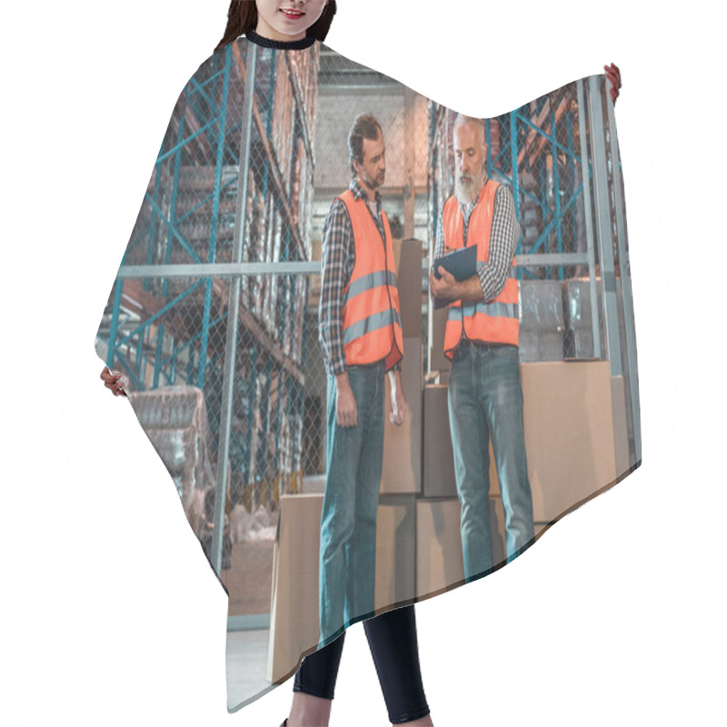 Personality  Warehouse Workers With Clipboard  Hair Cutting Cape