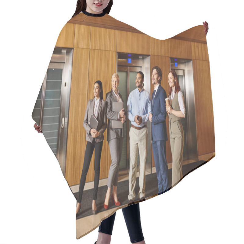 Personality  A Diverse Group Of Business Professionals Standing Together In Front Of Elevator Doors. Hair Cutting Cape