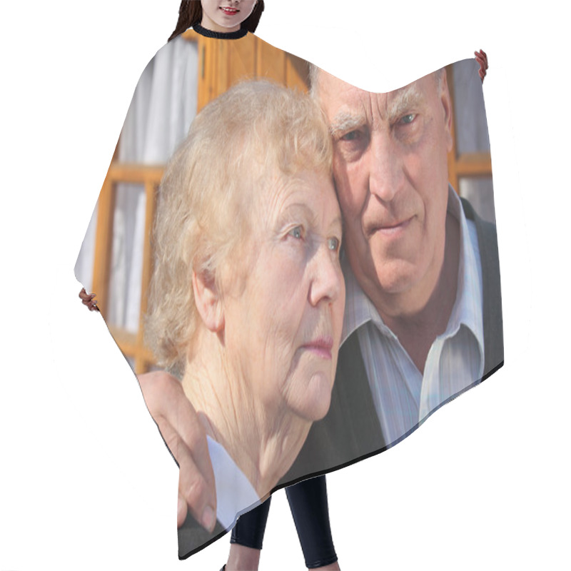 Personality  Portrait Of Elderly Couple Closeup Hair Cutting Cape