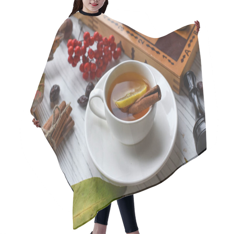 Personality  A Cozy Photo With Two Cups Of Tea, Board With Unfinished Chess Game, Autumn Leaves And Cinnamon Sticks Hair Cutting Cape