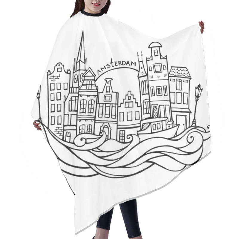 Personality  Background With Hand Drawn Doodle Amsterdam Houses. Isolated Black And White. Illustration Vector. Hair Cutting Cape