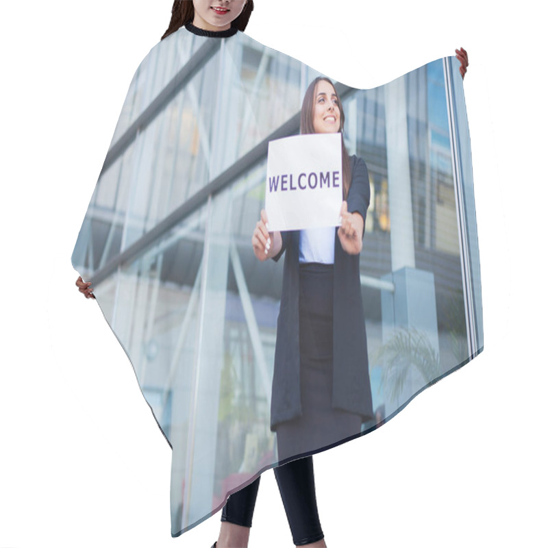 Personality  Women Business With The Poster With Welcome Message. Hair Cutting Cape