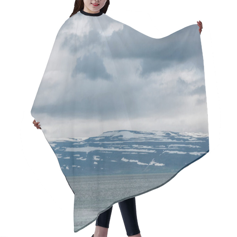 Personality  Dramatic Shot Of Lake Under Cloudy Sky In Iceland With Snowy Mountains On Background Hair Cutting Cape