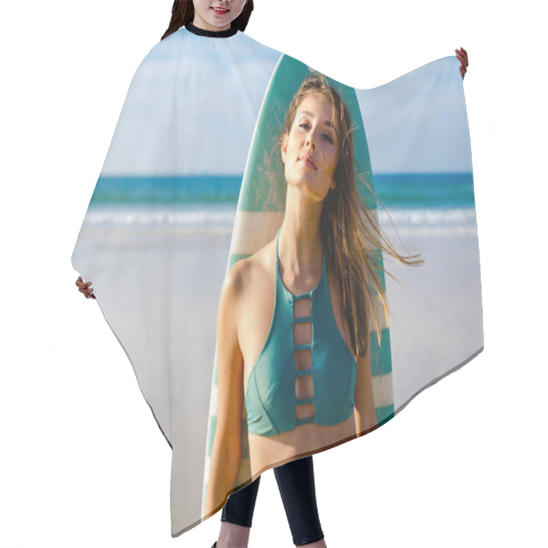 Personality  Surfer Girl Posing At Beach Holding Surfboard  Hair Cutting Cape