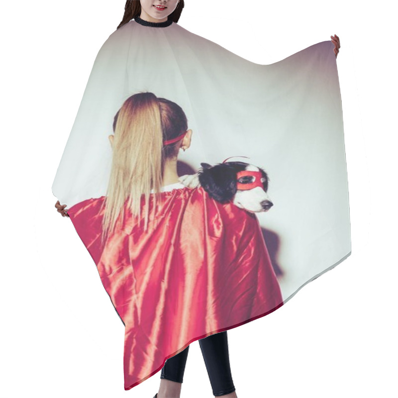 Personality  Back View Of Woman In Red Cape Holding Little Puppy In Superhero Mask Hair Cutting Cape