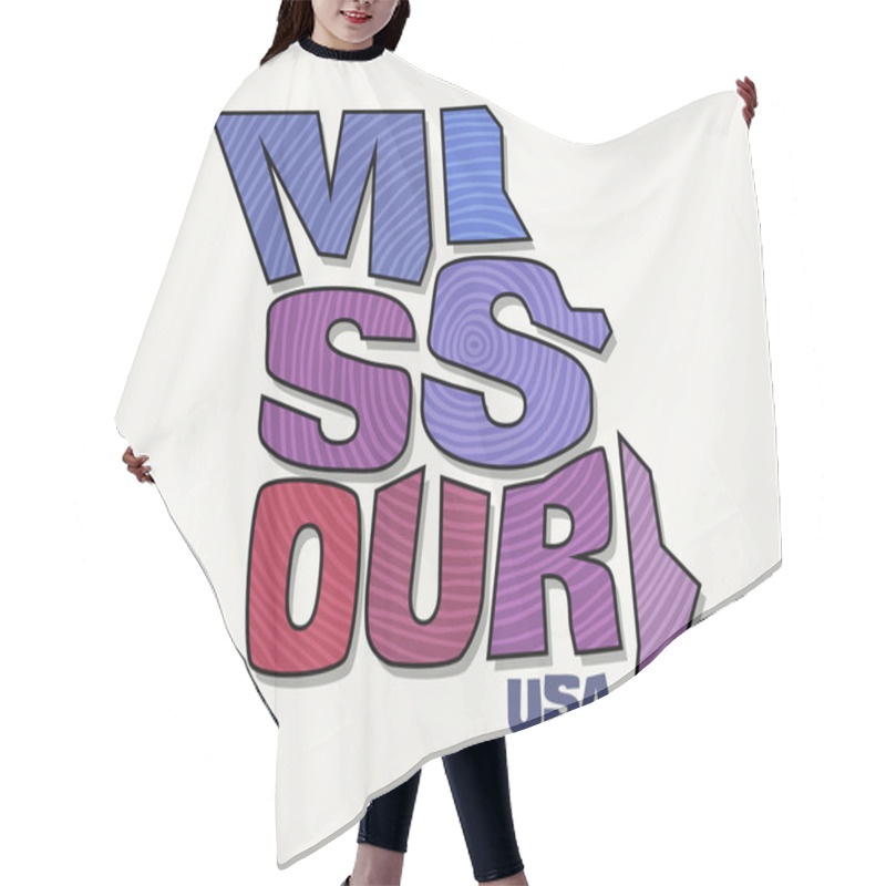 Personality  State Of Missouri With The Name Distorted Into State Shape. Pop Art Style Vector Illustration For Stickers, T-shirts, Posters, Social Media And Print Media. Hair Cutting Cape