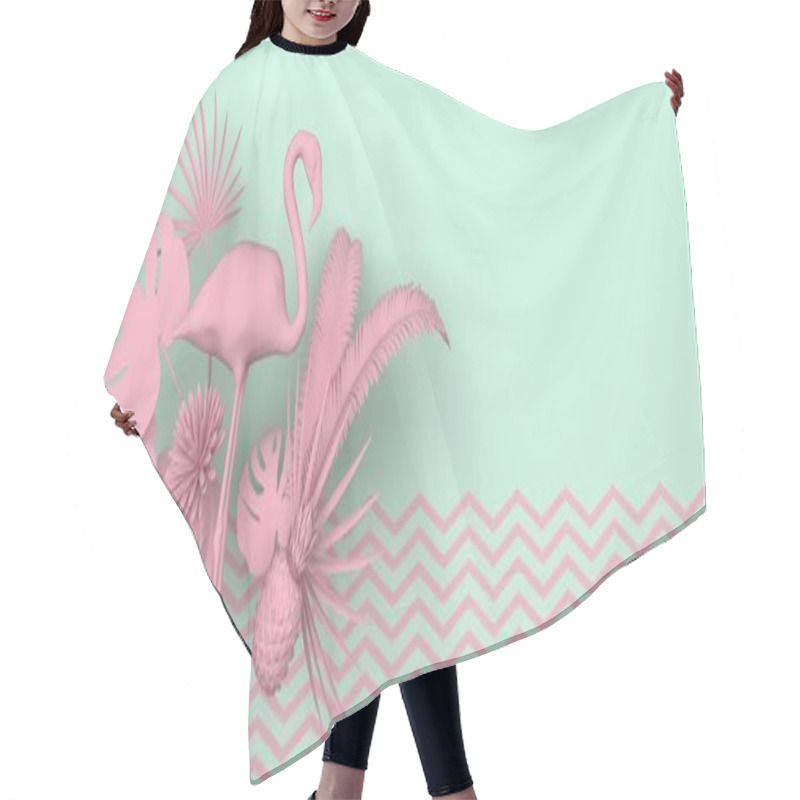 Personality  Flamingo Surrounded By Tropical Exotic Plants. Monochrome Pink Image On A Turquoise Background With A Geometric Zigzag Pattern. Copy Space. Pastel Colors. 3D Rendering. Hair Cutting Cape