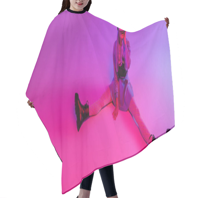 Personality  Full Length Of Woman In Virtual Reality Headset Sitting On Purple With Pink Lighting, Banner Hair Cutting Cape