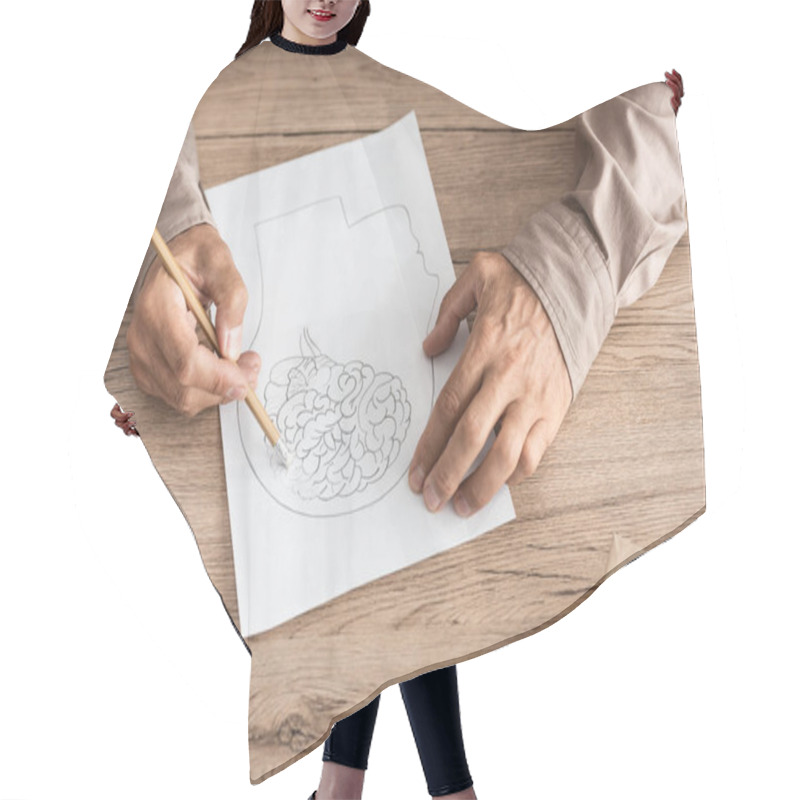 Personality  Cropped View Of Retired Man With Alzheimer Disease Drawing Human Head And Brain  Hair Cutting Cape