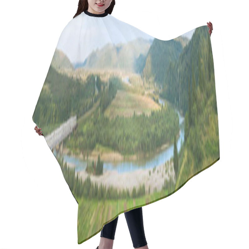 Personality  Summer Morning Foothills Panorama With Railroad And River Hair Cutting Cape