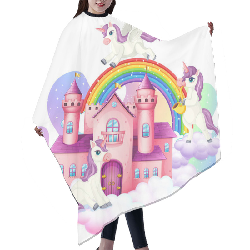 Personality  Many Cute Unicorns Cartoon Character With Castle On The Cloud Illustration Hair Cutting Cape