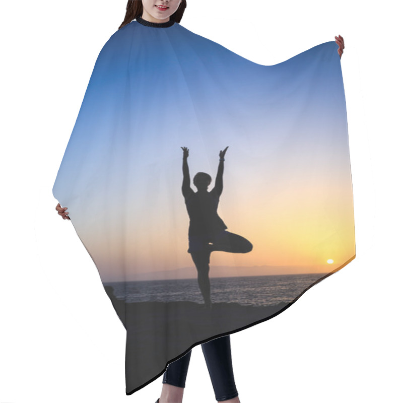 Personality  Woman Exercising Yoga Sunset Silhouette Hair Cutting Cape