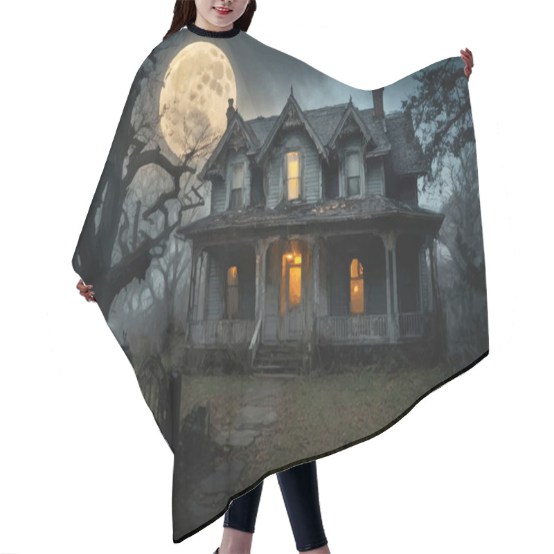 Personality  Halloween Graphics. Creepy Haunted Derelict House At Night With Full Moon Hair Cutting Cape