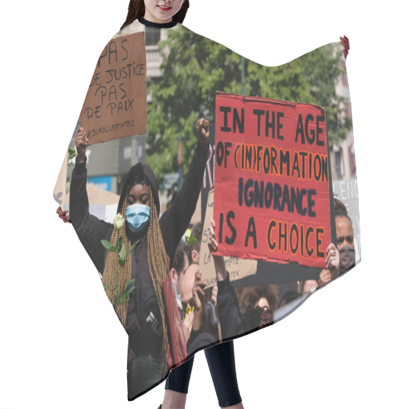 Personality  Protesters Hold Placards As They Gather In Central Brussels During The Black Lives Matter Protest Rally, Sunday, June 7, 2020.  Hair Cutting Cape