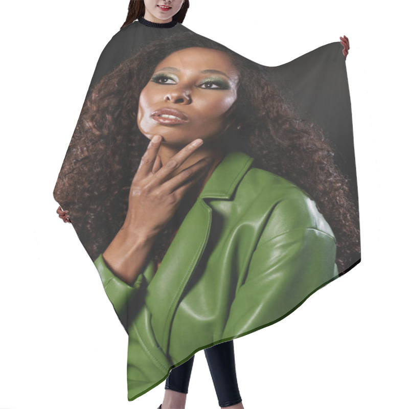 Personality  Captivating Woman With Curly Hair Poses Gracefully, Showcasing Her Elegance And Style In Green. Hair Cutting Cape