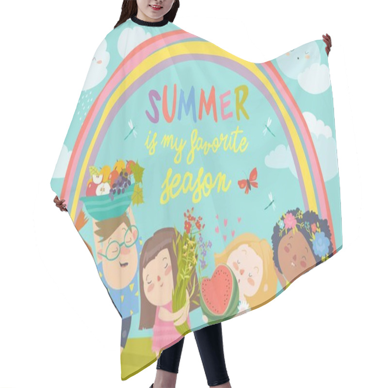 Personality  Cartoon Children With Flowers And Fruits. Hello Summer Hair Cutting Cape