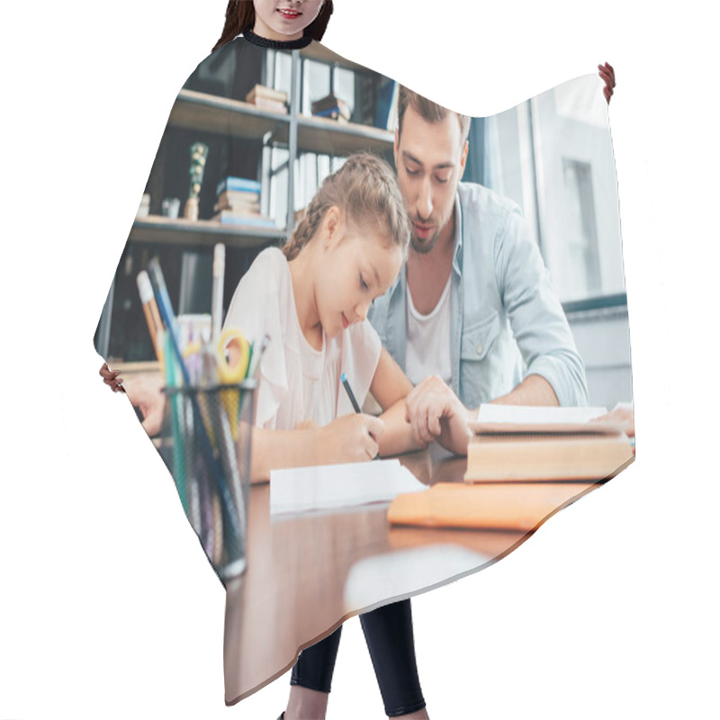 Personality  Father Doing Homework With Daughter Hair Cutting Cape