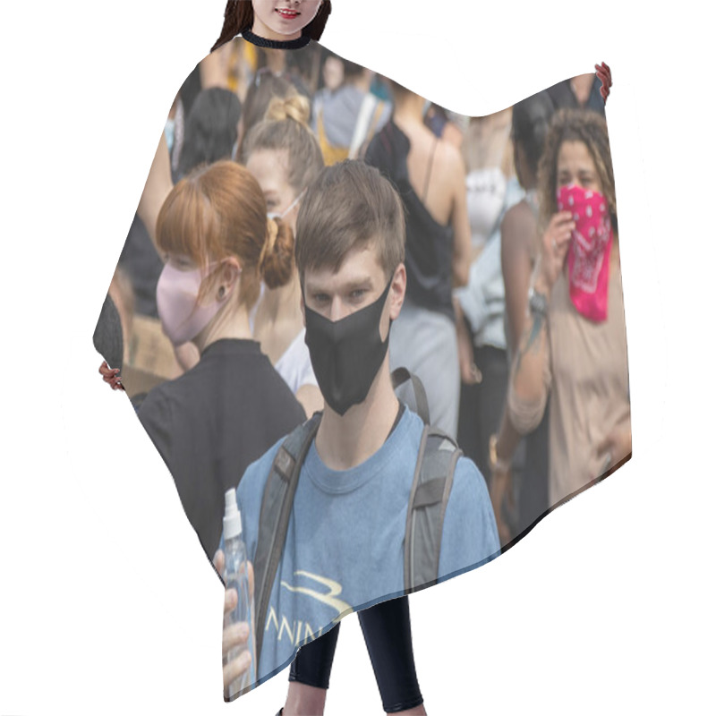 Personality  Leeds UK, 14th June 2020: Black Lives Matter Protesters In The Leeds City Centre Protesting About Black Lives Showing A Young Man Wearing A Black Mask Due To The Covid-19 Pandemic Lockdown Hair Cutting Cape