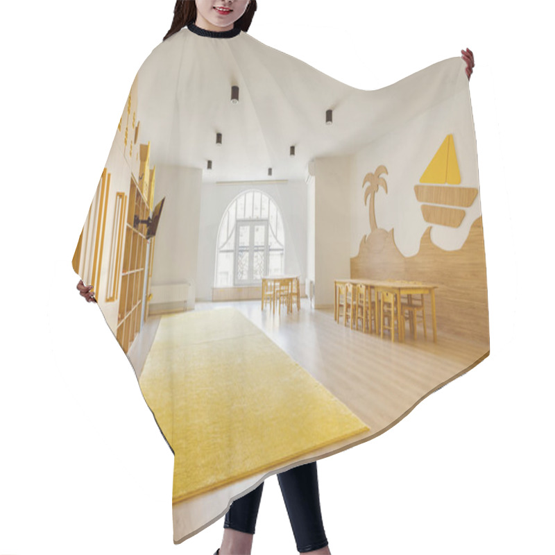 Personality  Cozy Light Classroom With Wooden Furniture In Modern Kindergarten Hair Cutting Cape