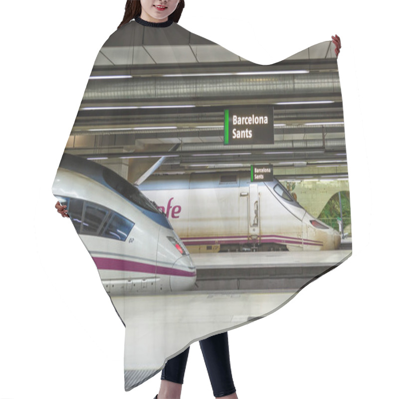 Personality  Barcelona, Spain - February 19, 2022 AVE High-speed Trains Operated By RENFE Rail At Barcelona Sants Railway Station In Barcelona, Spain. Hair Cutting Cape