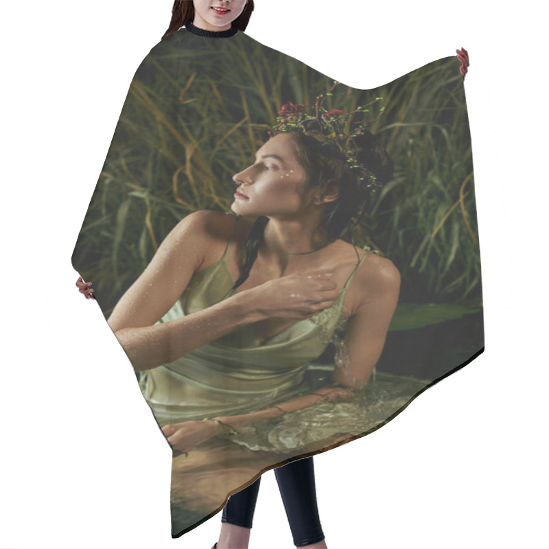 Personality  An Attractive Woman, Wearing A Floral Crown, Sits In A Swamp, Gazing At The Twilight Sky. Hair Cutting Cape