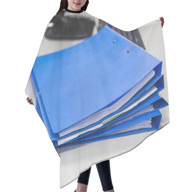 Personality  File Folder And Stack Of Business Report Paper File On Desk In Office, Business Concept. Hair Cutting Cape