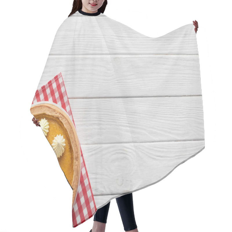 Personality  Tasty Pumpkin Pie With Whipped Cream On Checkered Napkin On White Wooden Surface Hair Cutting Cape