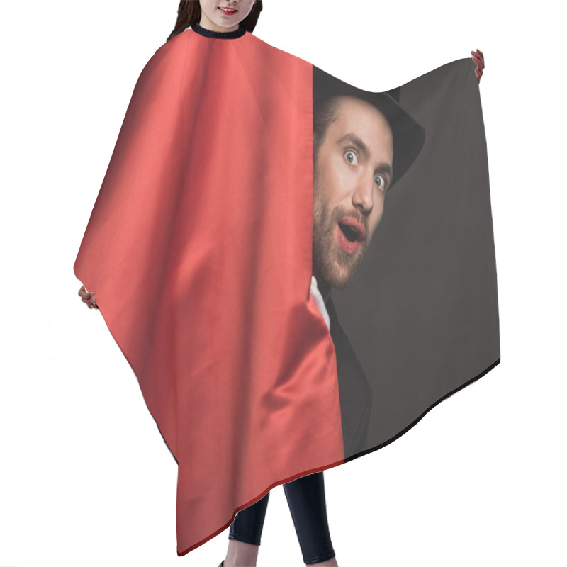 Personality  Handsome Shocked Magician In Suit And Hat In Circus With Red Curtains Hair Cutting Cape