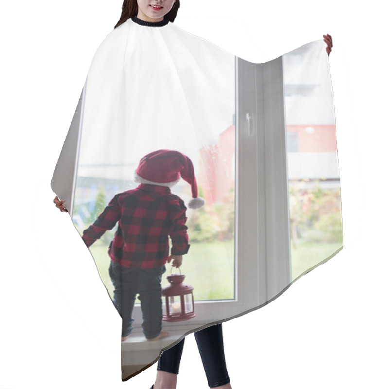 Personality  Toddler Child Standing In Front Of A Big French Doors, Leaning A Hair Cutting Cape