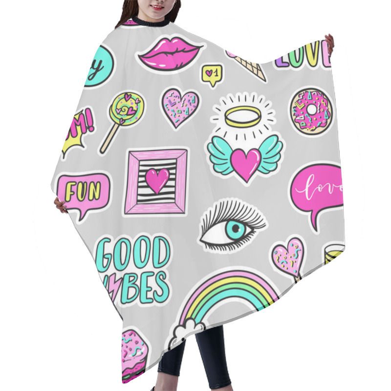 Personality  Vector Seamless Pattern With Fashion Fun Patches: Lip, Star, Strawberry, Speech Bubble On Background. Pop Art Stickers, Patches, Pins, Badges 80s-90s Style Hair Cutting Cape