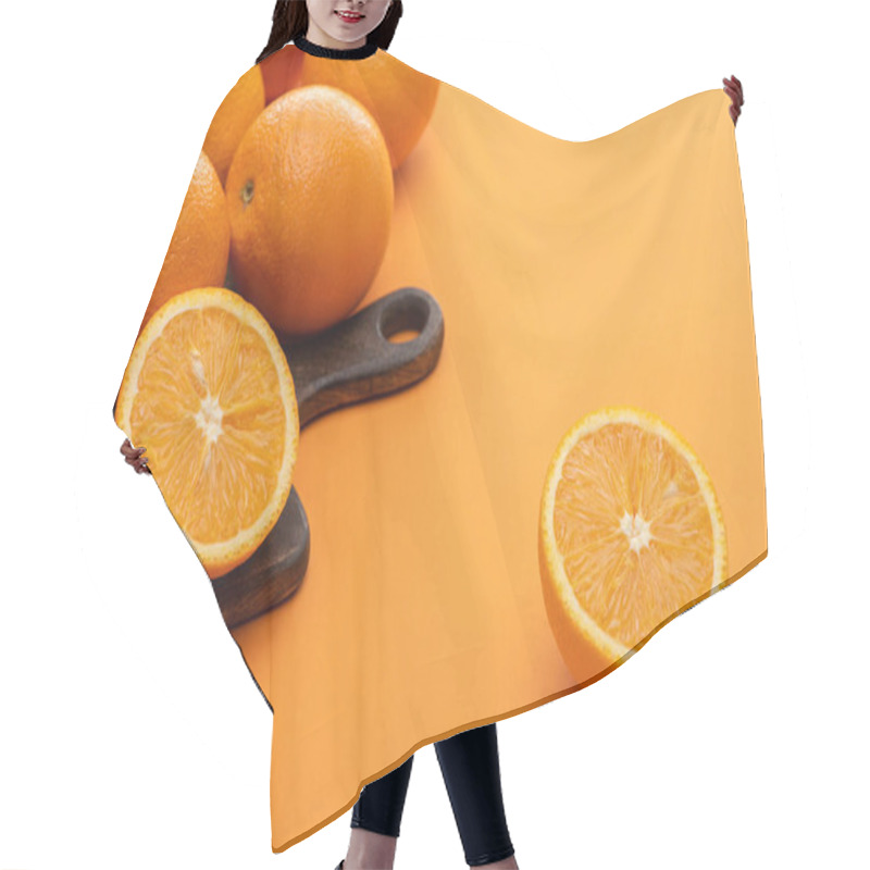 Personality  Ripe Delicious Cut And Whole Oranges On Wooden Cutting Board On Colorful Background Hair Cutting Cape