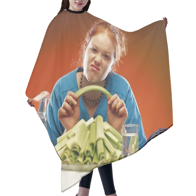 Personality  Women With Plate Of Celery And Sports Equipment Hair Cutting Cape