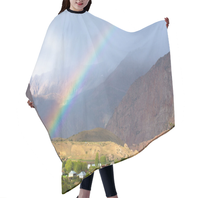 Personality  Rainbow Over The Village In The Mountains. Landscape Hair Cutting Cape