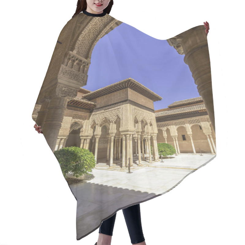 Personality  Alhambras Court Of Lions Framed By Grand Marble Columns And Ornate Stucco Ornamented Arch Showing Islamic Golden Era Architecture Hair Cutting Cape