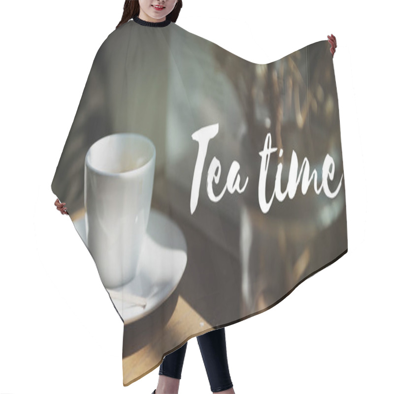 Personality  Empty White Cup On Wooden Table Hair Cutting Cape