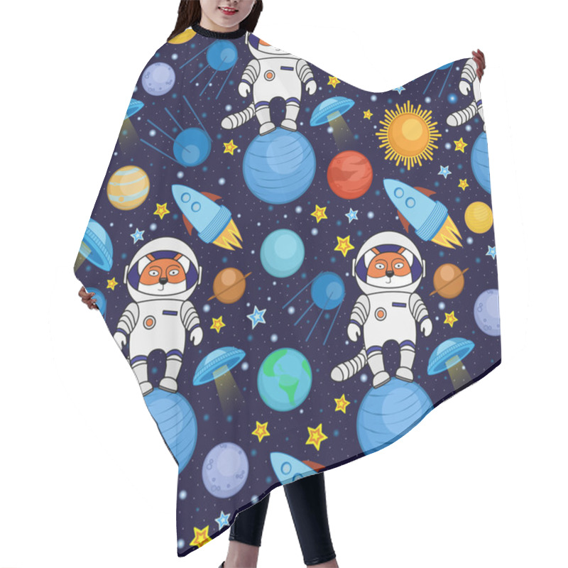 Personality  Seamless Cartoon Space Pattern - Fox Astronaut, Spaceship, Planets, Satellites Hair Cutting Cape