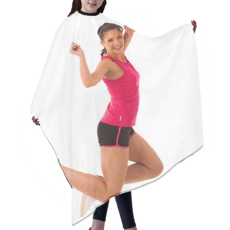 Personality  Active Woman Doing Aerobics For A Cardio Training Dancing Hair Cutting Cape